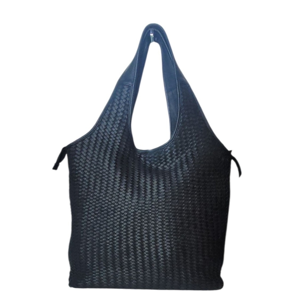 Platania Fabulous Black Leather Woven Shoulder Bag